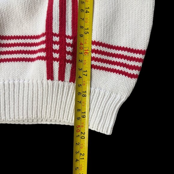 Vintage 1980s Sweater White Red Stripes idioms Retro Preppy Size Medium Retro - Picture 10 of 10